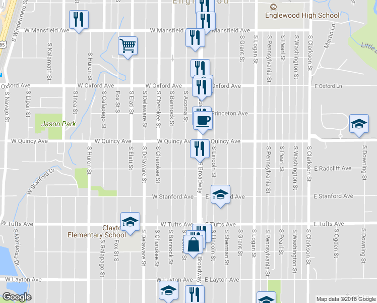 map of restaurants, bars, coffee shops, grocery stores, and more near 4381 South Acoma Street in Englewood