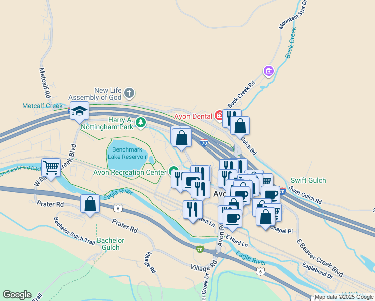 map of restaurants, bars, coffee shops, grocery stores, and more near 208 West Beaver Creek Boulevard in Avon