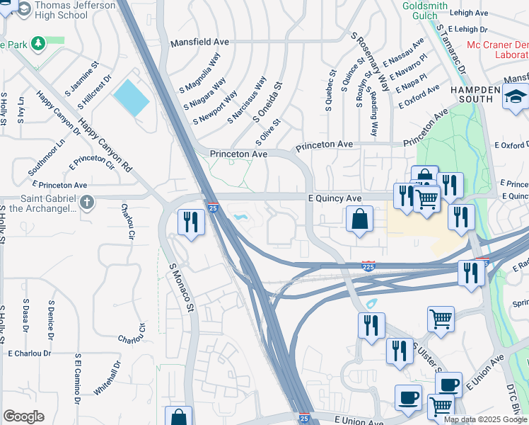 map of restaurants, bars, coffee shops, grocery stores, and more near 4363 South Quebec Street in Denver