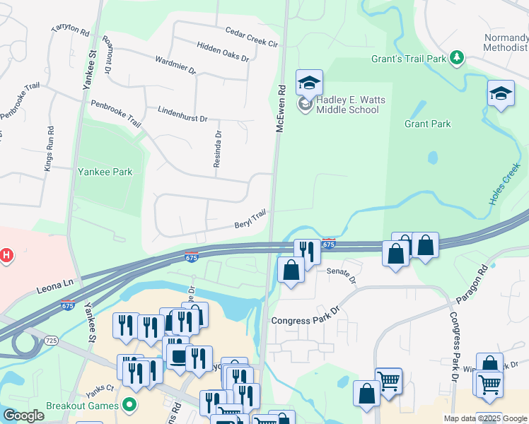 map of restaurants, bars, coffee shops, grocery stores, and more near 1006 Beryl Trail in Dayton