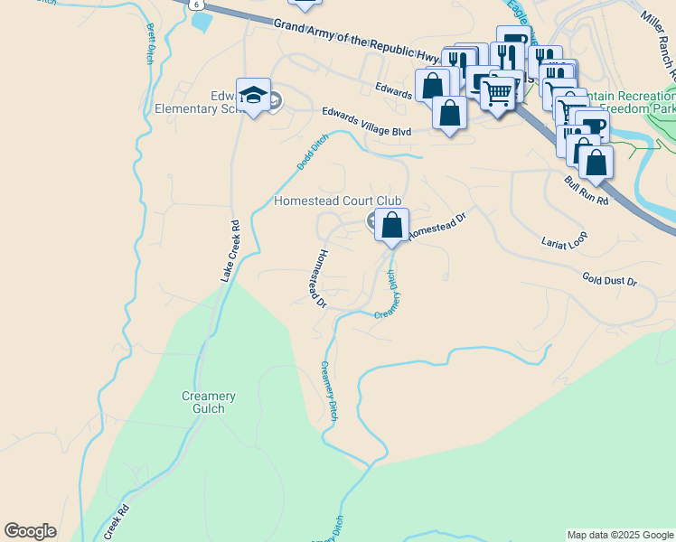map of restaurants, bars, coffee shops, grocery stores, and more near 570 Homestead Drive in Edwards