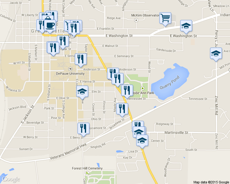 map of restaurants, bars, coffee shops, grocery stores, and more near 500 Maple Avenue in Greencastle
