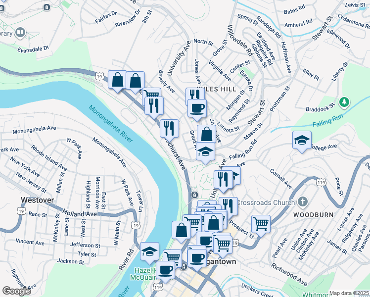 map of restaurants, bars, coffee shops, grocery stores, and more near 149 Beechurst Avenue in Morgantown