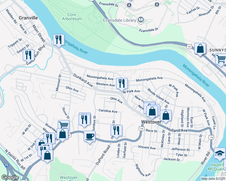 map of restaurants, bars, coffee shops, grocery stores, and more near 116 Poling Avenue in Westover