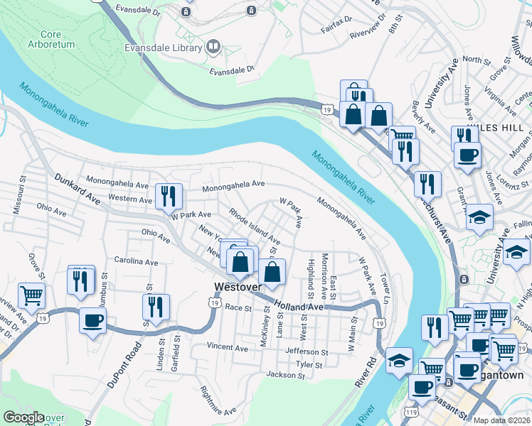map of restaurants, bars, coffee shops, grocery stores, and more near 214 Maryland Avenue in Westover