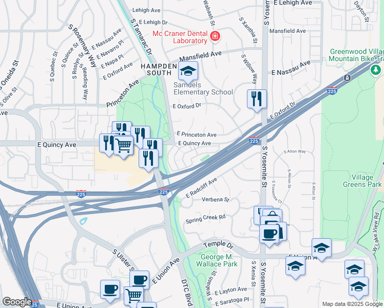 map of restaurants, bars, coffee shops, grocery stores, and more near H East Quincy Avenue in Denver