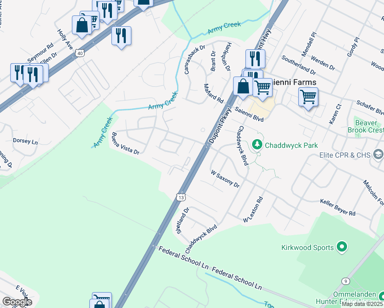 map of restaurants, bars, coffee shops, grocery stores, and more near 24 Vista Court in New Castle