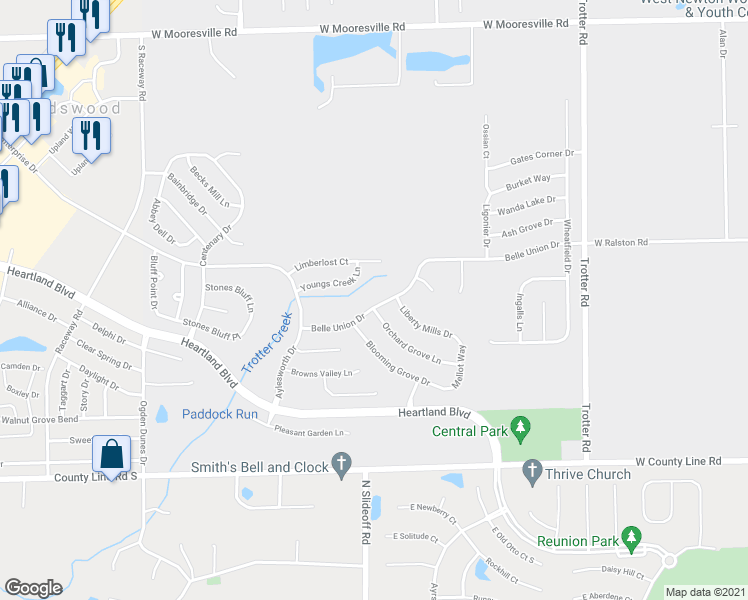 map of restaurants, bars, coffee shops, grocery stores, and more near 8760 Belle Union Drive in Indianapolis