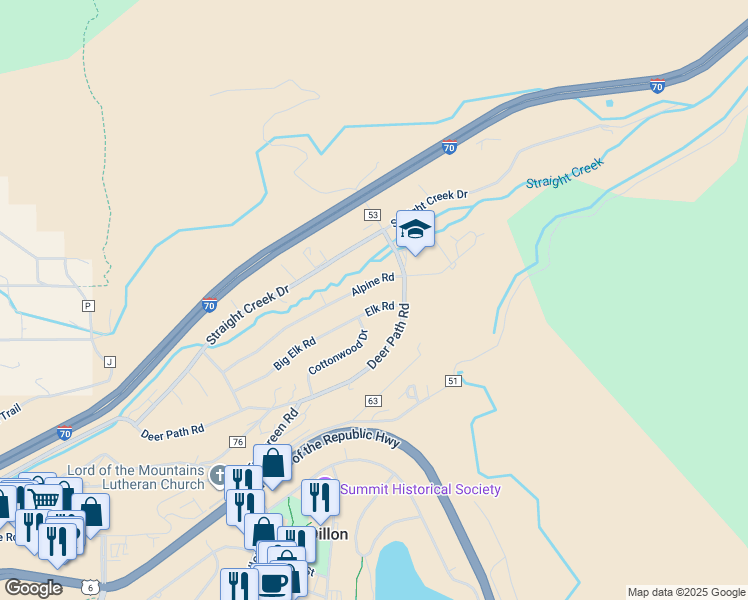 map of restaurants, bars, coffee shops, grocery stores, and more near 394 Big Elk Road in Dillon