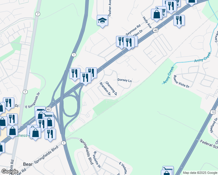 map of restaurants, bars, coffee shops, grocery stores, and more near 318 Brandon Drive in Bear