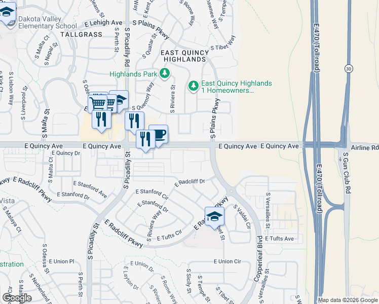 map of restaurants, bars, coffee shops, grocery stores, and more near 22000 East Quincy Avenue in Aurora