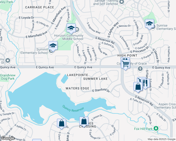 map of restaurants, bars, coffee shops, grocery stores, and more near 18773 East Quinn Place in Aurora