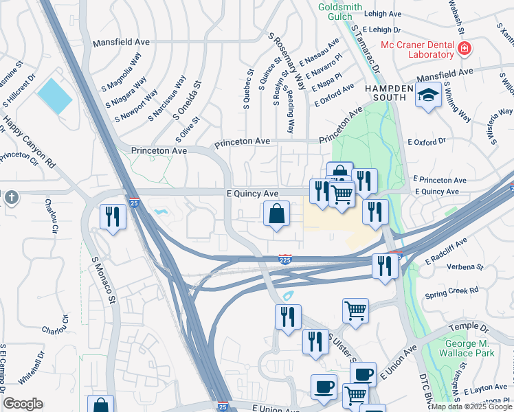 map of restaurants, bars, coffee shops, grocery stores, and more near 7500 East Quincy Avenue in Denver
