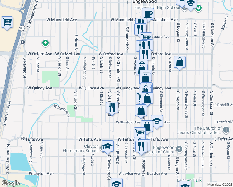 map of restaurants, bars, coffee shops, grocery stores, and more near 4354 South Cherokee Street in Englewood