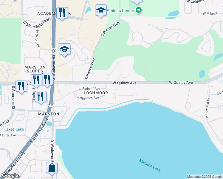 map of restaurants, bars, coffee shops, grocery stores, and more near 4400 South Reed Street in Littleton