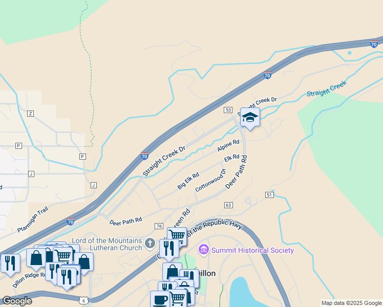 map of restaurants, bars, coffee shops, grocery stores, and more near 252 Alpine Road in Dillon