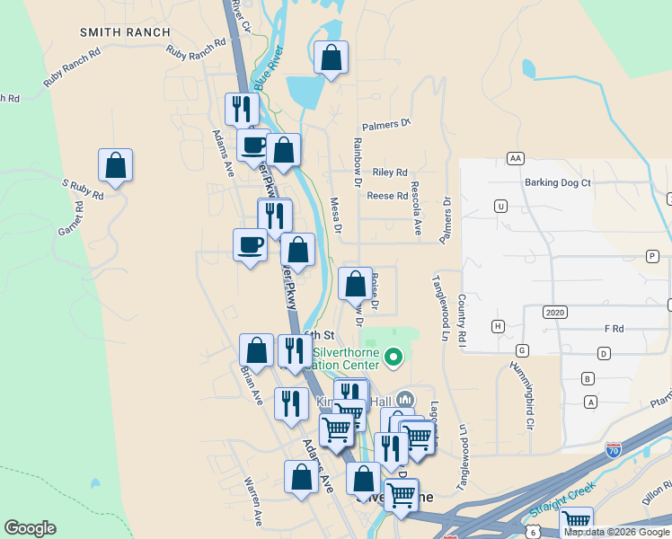 map of restaurants, bars, coffee shops, grocery stores, and more near 681 Rainbow Drive in Silverthorne