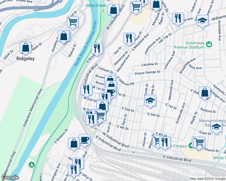 map of restaurants, bars, coffee shops, grocery stores, and more near in Cumberland