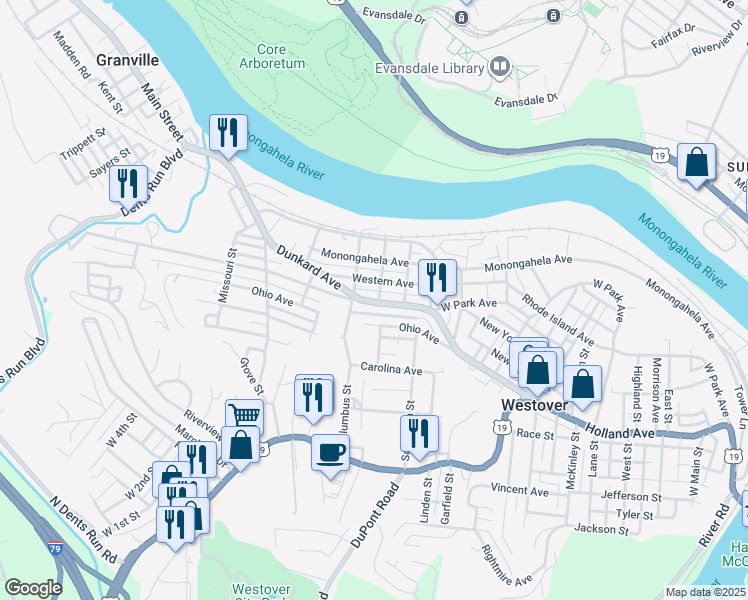 map of restaurants, bars, coffee shops, grocery stores, and more near 152 Ohio Avenue in Westover