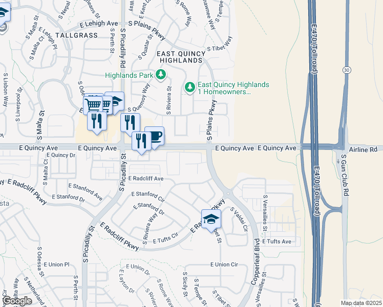 map of restaurants, bars, coffee shops, grocery stores, and more near 21805 East Quincy Avenue in Aurora