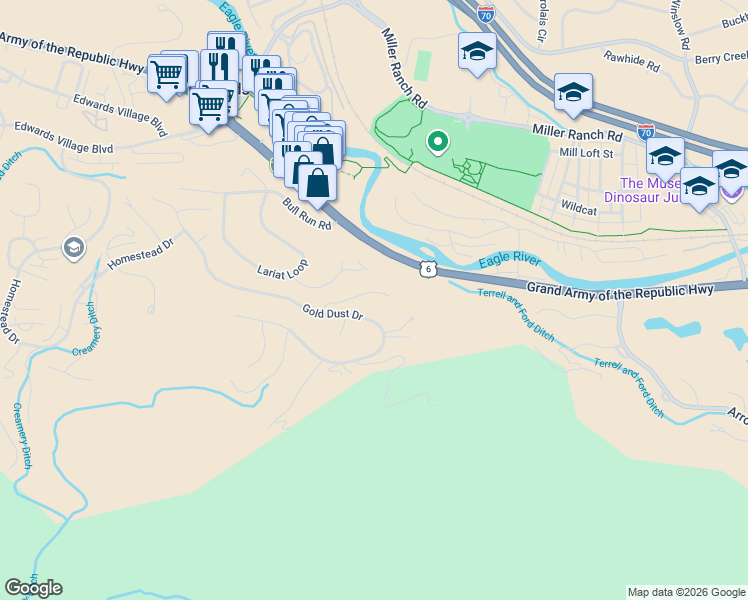 map of restaurants, bars, coffee shops, grocery stores, and more near 628 Gold Dust Dr in Edwards