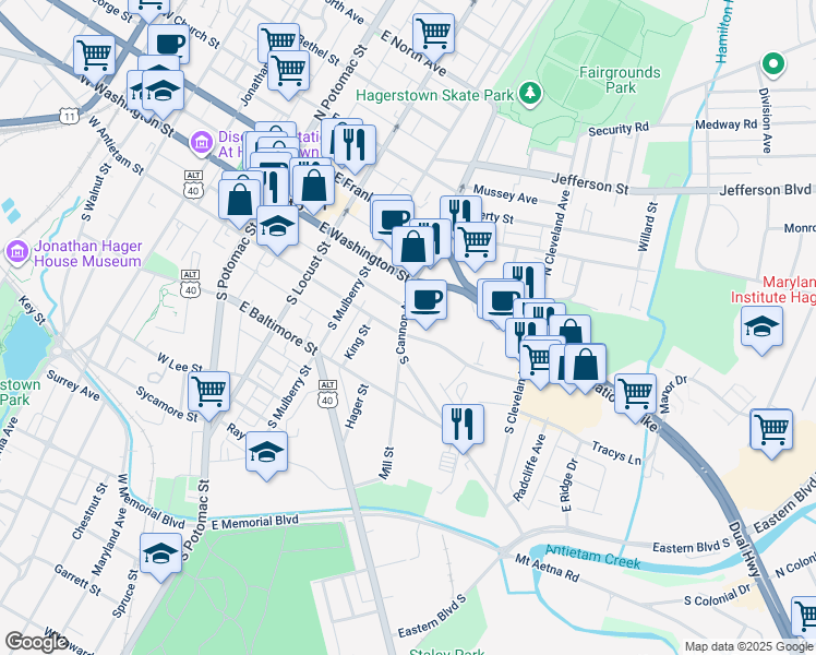 map of restaurants, bars, coffee shops, grocery stores, and more near 48 South Cannon Avenue in Hagerstown