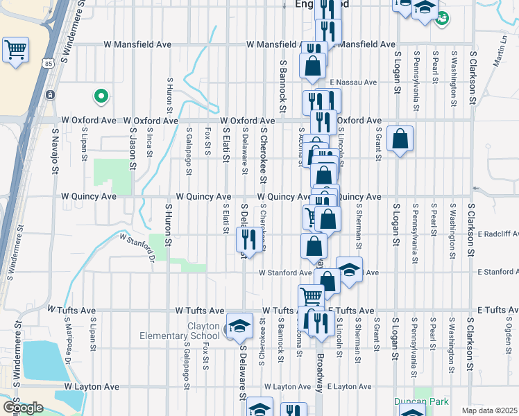 map of restaurants, bars, coffee shops, grocery stores, and more near 4354 South Cherokee Street in Englewood