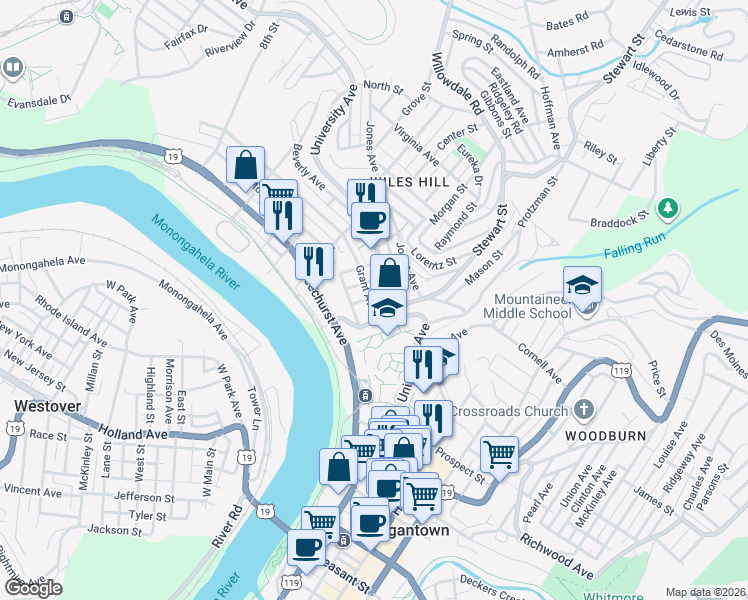 map of restaurants, bars, coffee shops, grocery stores, and more near 203 Grant Avenue in Morgantown
