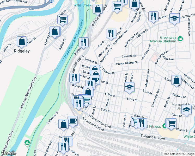 map of restaurants, bars, coffee shops, grocery stores, and more near in Cumberland