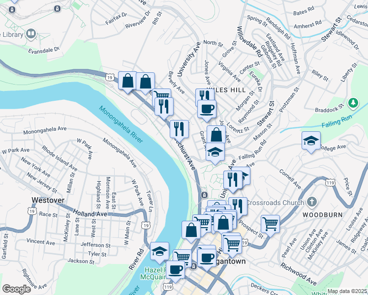 map of restaurants, bars, coffee shops, grocery stores, and more near 220 Beechurst Avenue in Morgantown