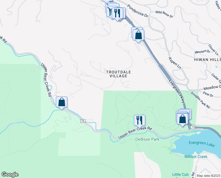 map of restaurants, bars, coffee shops, grocery stores, and more near 30100 Troutdale Scenic Drive in Evergreen