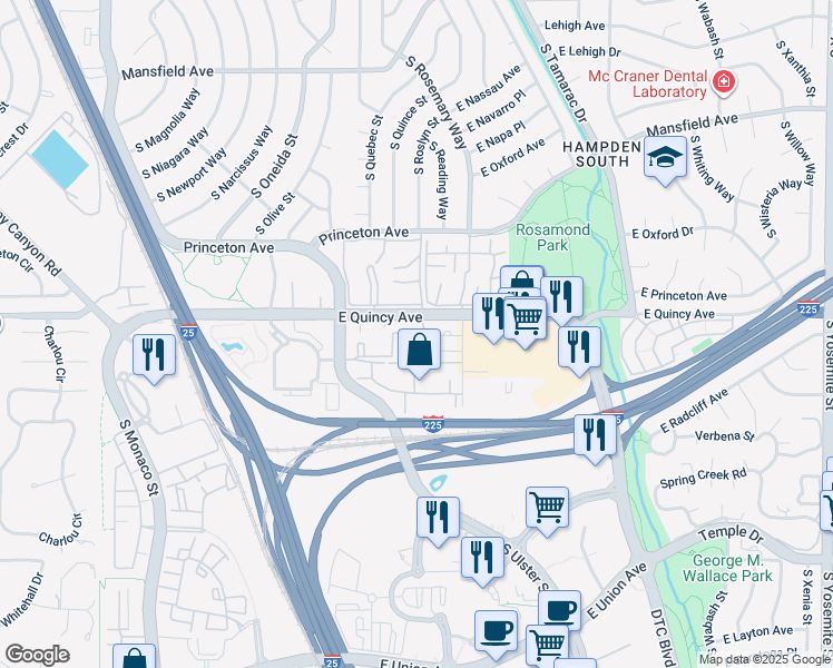 map of restaurants, bars, coffee shops, grocery stores, and more near 7500 East Quincy Avenue in Denver
