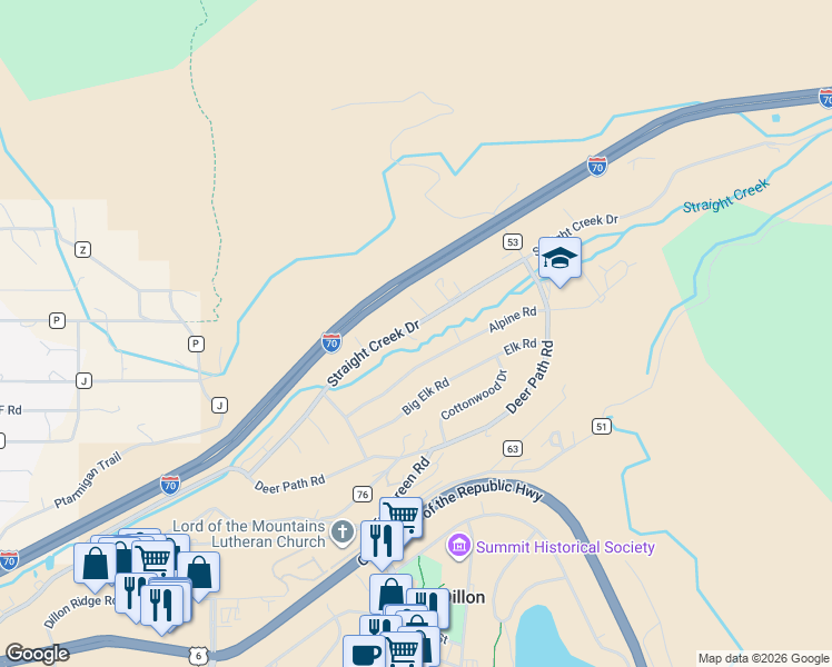 map of restaurants, bars, coffee shops, grocery stores, and more near 171 Alpine Road in Silverthorne