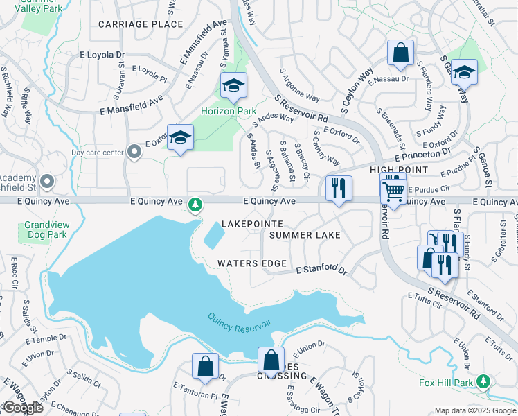 map of restaurants, bars, coffee shops, grocery stores, and more near 4300 South Andes Way in Aurora