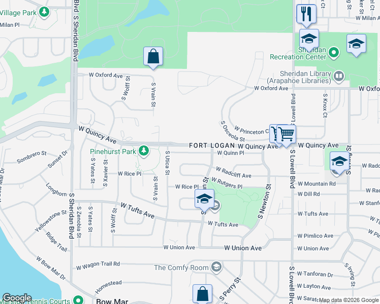 map of restaurants, bars, coffee shops, grocery stores, and more near 4303 West Radcliff Avenue in Denver