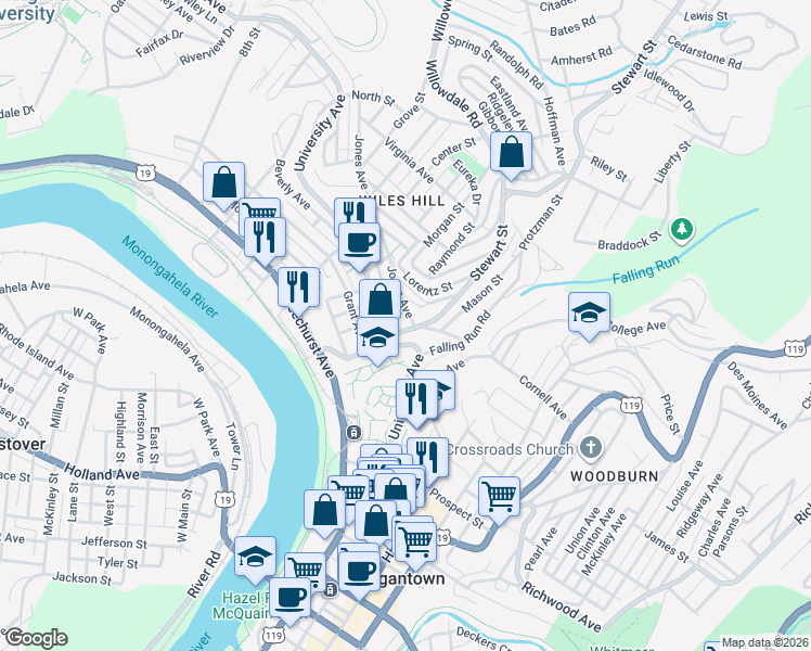 map of restaurants, bars, coffee shops, grocery stores, and more near 1900 University Avenue in Morgantown