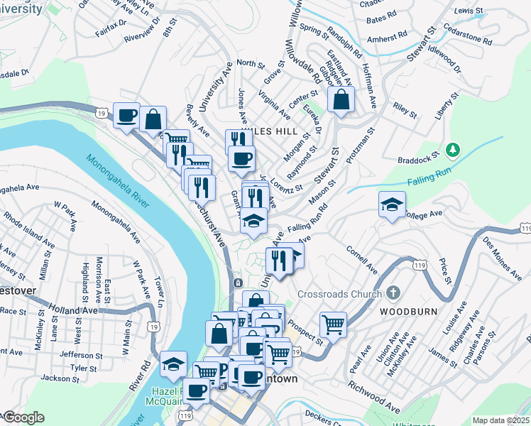 map of restaurants, bars, coffee shops, grocery stores, and more near 1900 University Avenue in Morgantown