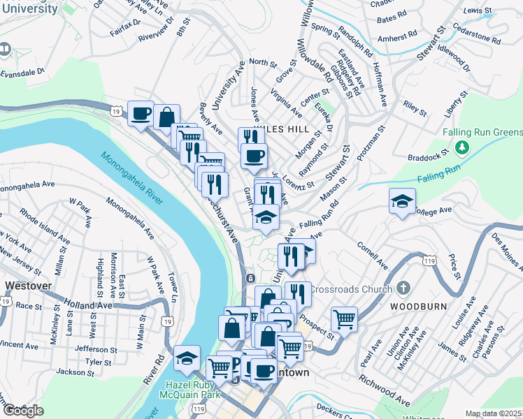 map of restaurants, bars, coffee shops, grocery stores, and more near 203 Grant Avenue in Morgantown