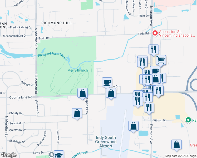 map of restaurants, bars, coffee shops, grocery stores, and more near 8841 Buckeye Drive in Indianapolis