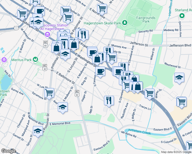 map of restaurants, bars, coffee shops, grocery stores, and more near 44 South Cannon Avenue in Hagerstown