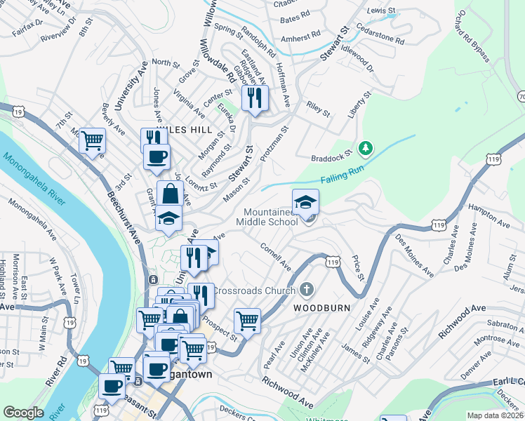 map of restaurants, bars, coffee shops, grocery stores, and more near 1021A College Avenue in Morgantown