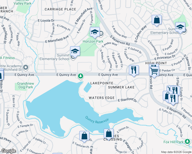map of restaurants, bars, coffee shops, grocery stores, and more near 75 South Andes Way in Aurora