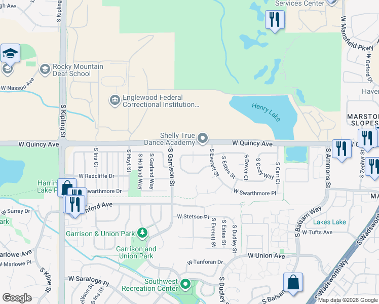 map of restaurants, bars, coffee shops, grocery stores, and more near 4349 South Field Court in Littleton
