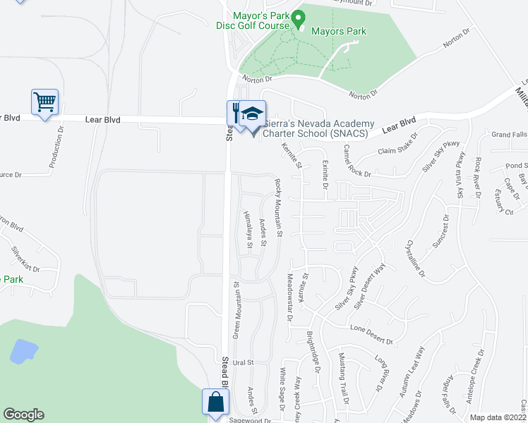 map of restaurants, bars, coffee shops, grocery stores, and more near 12172 Andes Street in Reno