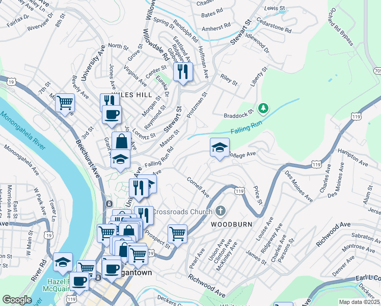 map of restaurants, bars, coffee shops, grocery stores, and more near 1023 College Avenue in Morgantown