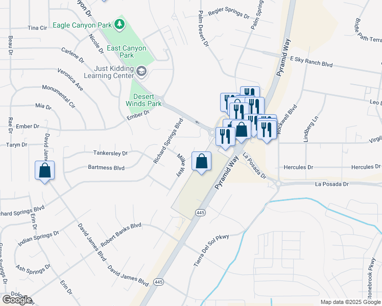 map of restaurants, bars, coffee shops, grocery stores, and more near 67 Badger Creek Court in Sparks