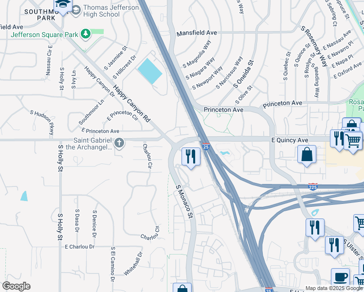 map of restaurants, bars, coffee shops, grocery stores, and more near 4300 South Monaco Street in Denver