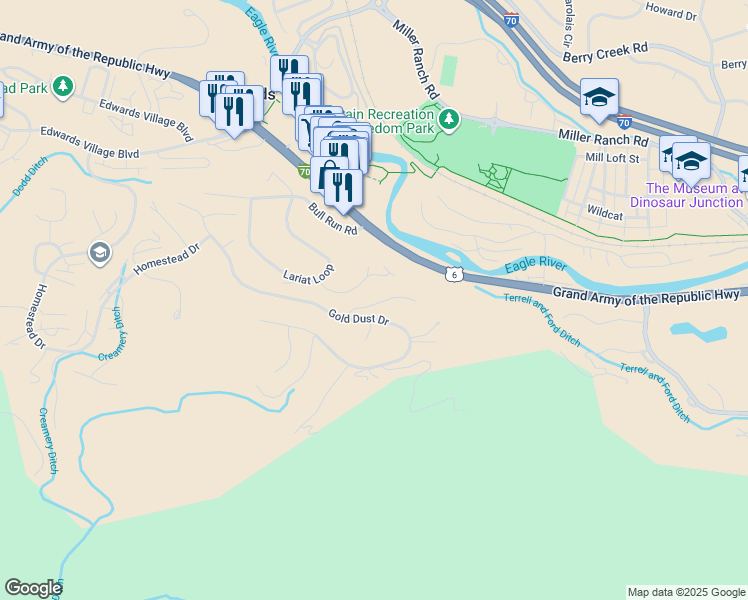 map of restaurants, bars, coffee shops, grocery stores, and more near 587 Gold Dust Drive in Edwards