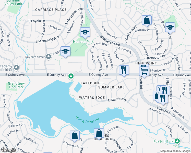 map of restaurants, bars, coffee shops, grocery stores, and more near 4300 South Andes Way in Aurora