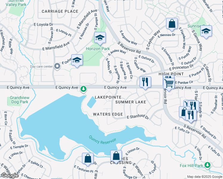 map of restaurants, bars, coffee shops, grocery stores, and more near 4300 South Andes Way in Aurora